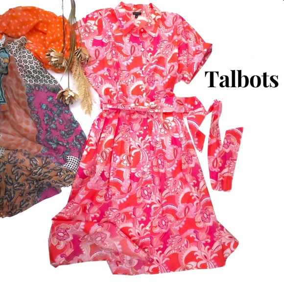 Talbots Dresses & Skirts - New Talbots Pocketed Belted Pink Floral Maxi Shirt Dress Sz 14
